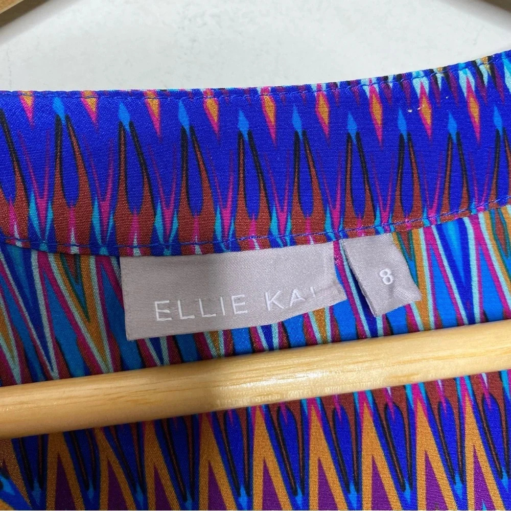 Ellie Kai Blue Orange Ikat Print Silk Blouse Top Women's Size 8 - Picture 4 of 9